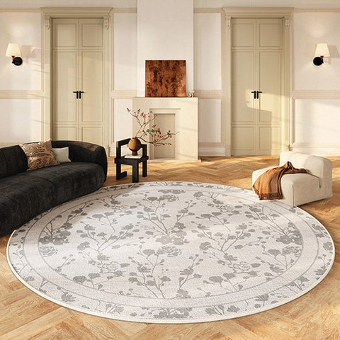 Modern Area Rugs for Bedroom, Flower Pattern Round Carpets under Coffee Table, Contemporary Round Rugs for Dining Room, Circular Modern Rugs for Living Room-ArtWorkCrafts.com