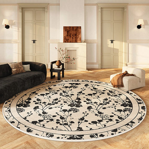 Modern Area Rugs for Bedroom, Flower Pattern Round Carpets under Coffee Table, Circular Modern Rugs for Living Room, Contemporary Round Rugs for Dining Room-ArtWorkCrafts.com