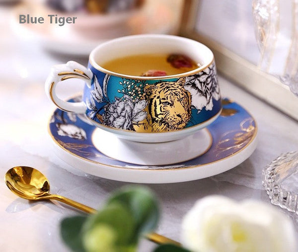 Handmade Ceramic Cups with Gold Trim and Gift Box, Jungle Tiger Cheetah Porcelain Coffee Cups, Creative Ceramic Tea Cups and Saucers-ArtWorkCrafts.com