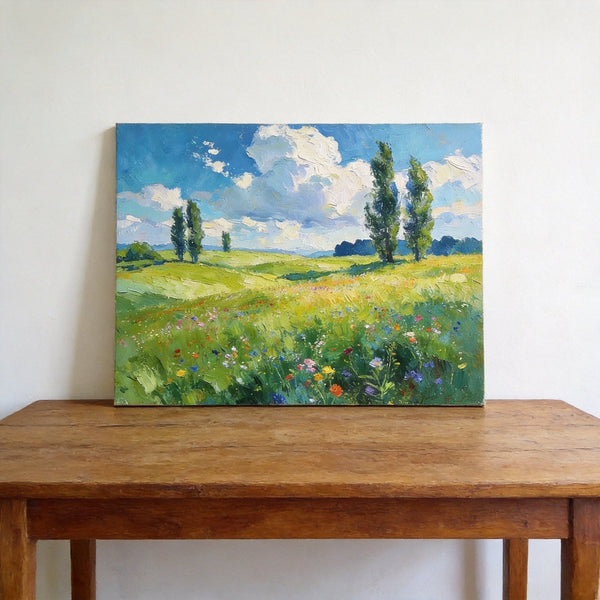 Original Landscape Paintings, Sunlit Wildflower Meadow, Small Canvas Wall Art Paintings, Buy Original Artwork Online, Hand Painted Canvas Art-ArtWorkCrafts.com