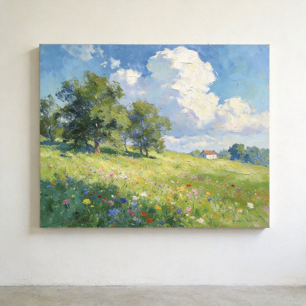Original Landscape Paintings, Wildflower Hillside Under Soft Clouds, Buy Original Artwork Online, Hand Painted Canvas Art, Small Canvas Wall Art Paintings-ArtWorkCrafts.com