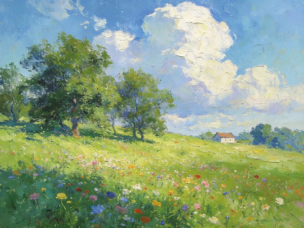 Original Landscape Paintings, Wildflower Hillside Under Soft Clouds, Buy Original Artwork Online, Hand Painted Canvas Art, Small Canvas Wall Art Paintings-ArtWorkCrafts.com