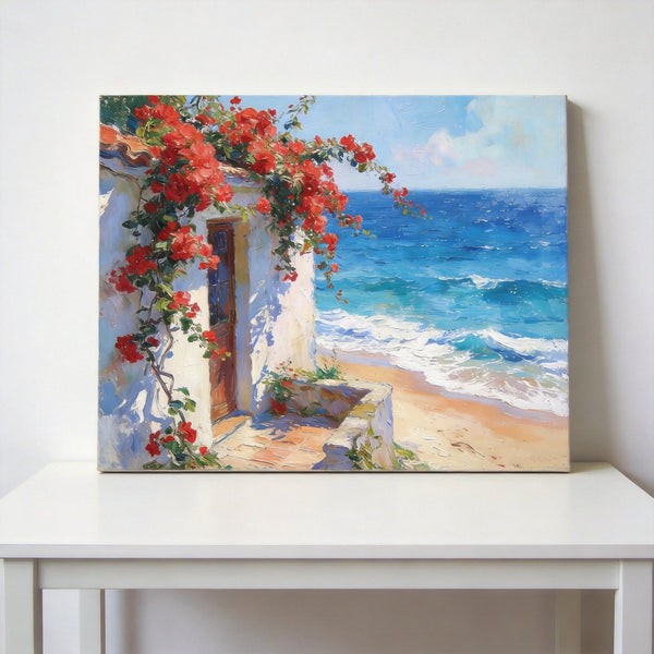 Buy Original Oil Paintings Online, Bougainvillea by the Turquoise Shore, Original Small Paintings, Seashore Beach Painting, Hand Painted Canvas Art, Small Canvas Wall Art Paintings-ArtWorkCrafts.com