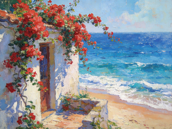 Buy Original Oil Paintings Online, Bougainvillea by the Turquoise Shore, Original Small Paintings, Seashore Beach Painting, Hand Painted Canvas Art, Small Canvas Wall Art Paintings-ArtWorkCrafts.com