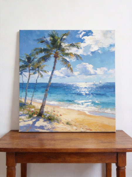 Hand Painted Canvas Art, Sunlit Palm Shore with Sails, Seashore Beach Painting, Small Canvas Artwork, Original Landscape Paintings, Buy Small Paintings Online-ArtWorkCrafts.com