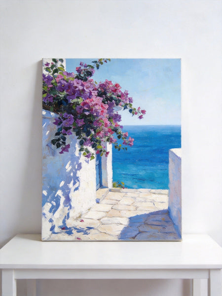 Original Landscape Paintings, Blooming Purple Bougainvillea and the Azure Mediterranean, Hand Painted Canvas Art, Small Canvas Wall Art Paintings, Original Oil Paintings-ArtWorkCrafts.com