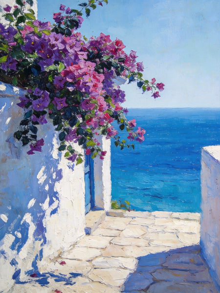 Original Landscape Paintings, Blooming Purple Bougainvillea and the Azure Mediterranean, Hand Painted Canvas Art, Small Canvas Wall Art Paintings, Original Oil Paintings-ArtWorkCrafts.com