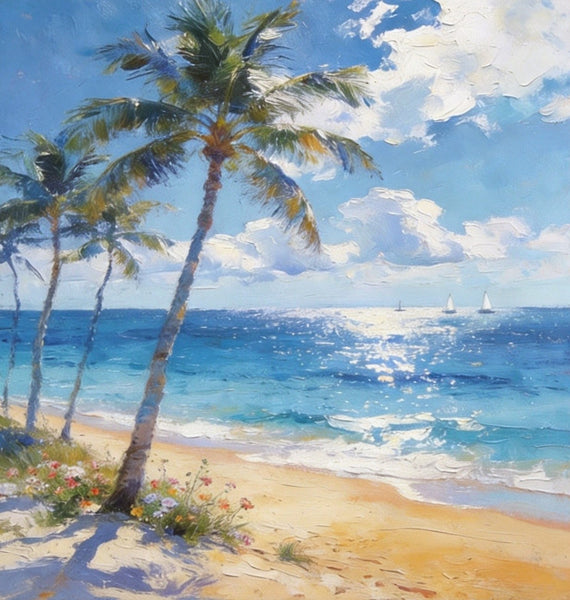 Hand Painted Canvas Art, Sunlit Palm Shore with Sails, Seashore Beach Painting, Small Canvas Artwork, Original Landscape Paintings, Buy Small Paintings Online-ArtWorkCrafts.com