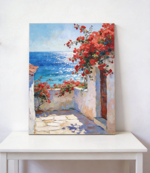 Crimson Blooms and Azure Mediterranean, Hand Painted Canvas Art, Original Landscape Paintings, Small Canvas Wall Art Paintings, Original Oil Paintings-ArtWorkCrafts.com