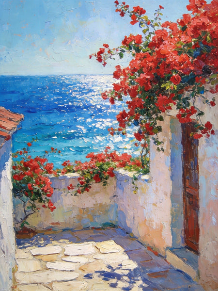 Crimson Blooms and Azure Mediterranean, Hand Painted Canvas Art, Original Landscape Paintings, Small Canvas Wall Art Paintings, Original Oil Paintings-ArtWorkCrafts.com