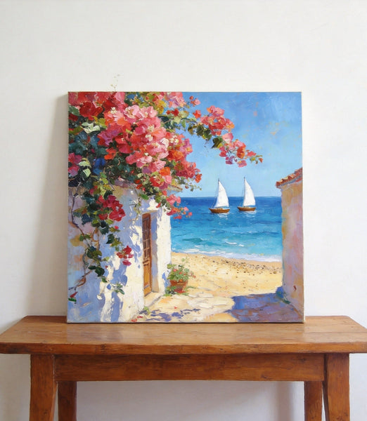 Blooming Bougainvillea and the Azure Mediterranean, Hand Painted Canvas Art, Seashore Beach Paintings, Original Oil Paintings, Buy Small Artwork Online-ArtWorkCrafts.com