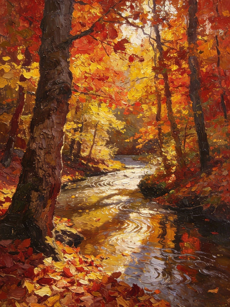 Original Artwork Small Paintings, A Brook through the Autumn Woods, Heavy Texture Wall Art Paintings, On Canvas Small Paintings, Hand Painted Canvas Art-ArtWorkCrafts.com