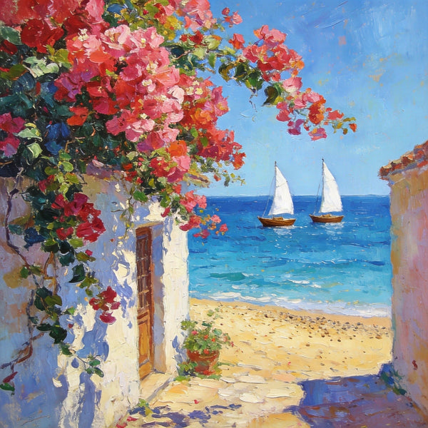 Blooming Bougainvillea and the Azure Mediterranean, Hand Painted Canvas Art, Seashore Beach Paintings, Original Oil Paintings, Buy Small Artwork Online-ArtWorkCrafts.com