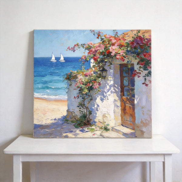 Hand Painted Canvas Art, Blooming Bougainvillea and the Azure Mediterranean, Seashore Beach Paintings, Original Oil Paintings, Buy Small Artwork Online-ArtWorkCrafts.com