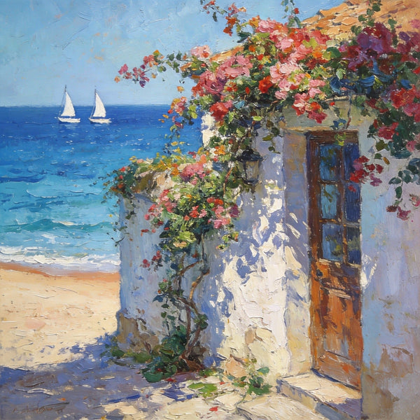 Hand Painted Canvas Art, Blooming Bougainvillea and the Azure Mediterranean, Seashore Beach Paintings, Original Oil Paintings, Buy Small Artwork Online-ArtWorkCrafts.com