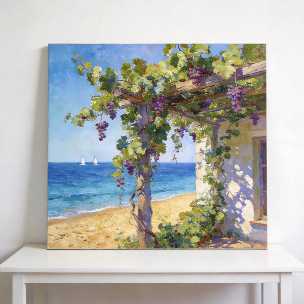 Hand Painted Canvas Art, Summer Glow on the Vine-Covered Terrace, Seashore Beach Paintings, Original Oil Paintings, Buy Small Artwork Online-ArtWorkCrafts.com