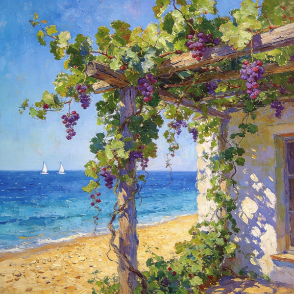 Hand Painted Canvas Art, Summer Glow on the Vine-Covered Terrace, Seashore Beach Paintings, Original Oil Paintings, Buy Small Artwork Online-ArtWorkCrafts.com