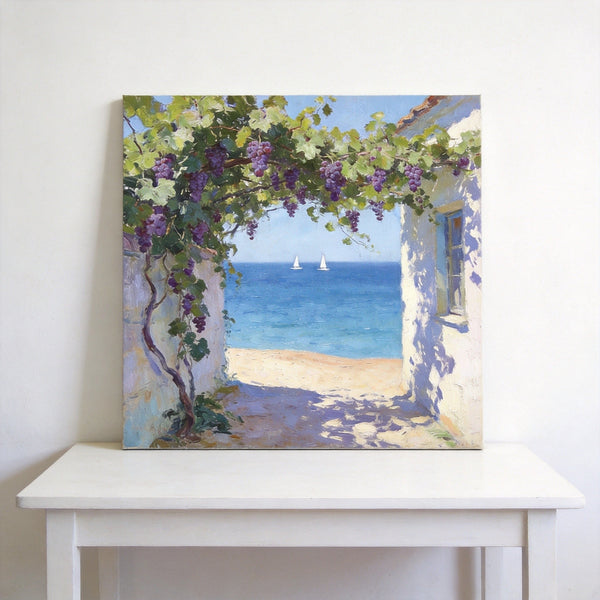 Summer Glow on the Vine-Covered Terrace, Seashore Beach Paintings, Hand Painted Canvas Art, Original Oil Paintings, Buy Small Artwork Online-ArtWorkCrafts.com
