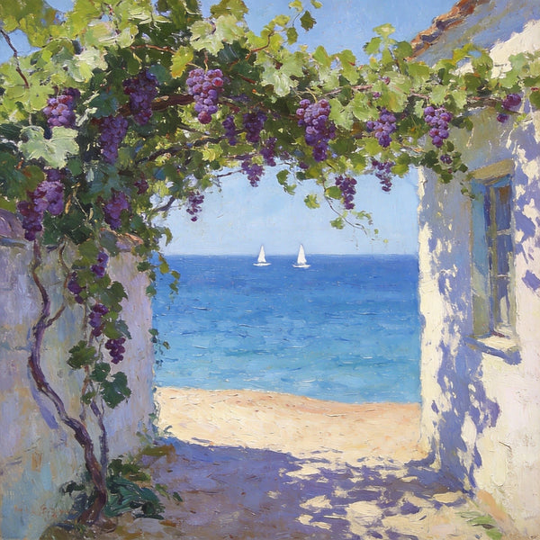 Summer Glow on the Vine-Covered Terrace, Seashore Beach Paintings, Hand Painted Canvas Art, Original Oil Paintings, Buy Small Artwork Online-ArtWorkCrafts.com