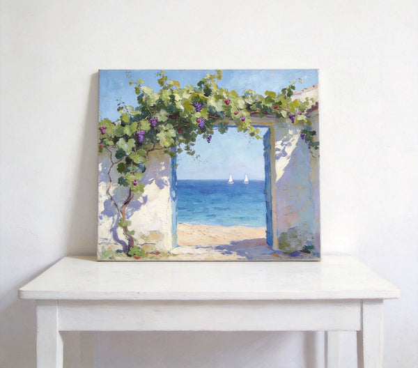 Original Small Paintings, Seaside Cottage Under the Grape Canopy, Hand Painted Canvas Art, Small Canvas Wall Art Paintings, Original Oil Paintings-ArtWorkCrafts.com
