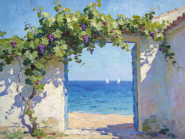 Original Small Paintings, Seaside Cottage Under the Grape Canopy, Hand Painted Canvas Art, Small Canvas Wall Art Paintings, Original Oil Paintings-ArtWorkCrafts.com