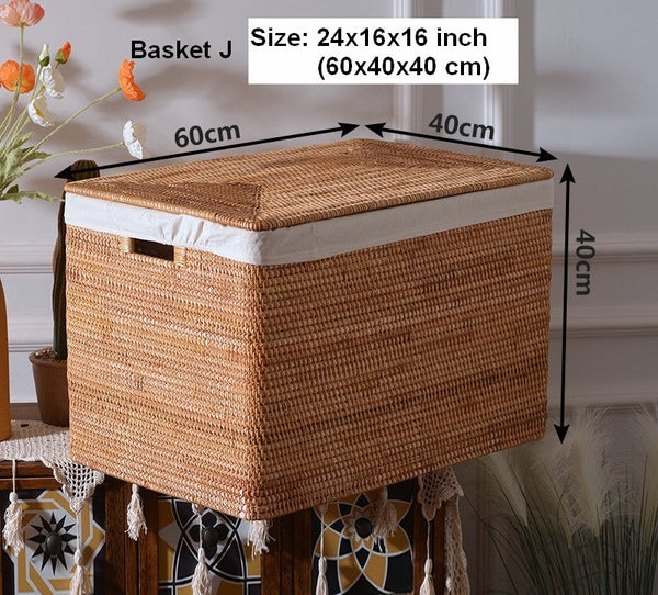 Square Storage Basket with Lid, Extra Large Storage Baskets for Clothes, Rattan Storage Basket for Shelves, Oversized Storage Baskets for Kitchen-ArtWorkCrafts.com