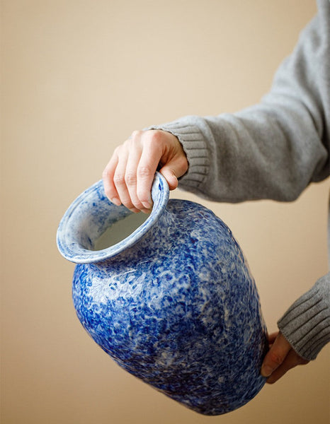 Modern Pottery Flower Vases, Handmade Water Holding Flower Vases, Centerpiece on Dining Table, Blue Pottery Bud Vases, Large Flower Vases on Table-ArtWorkCrafts.com