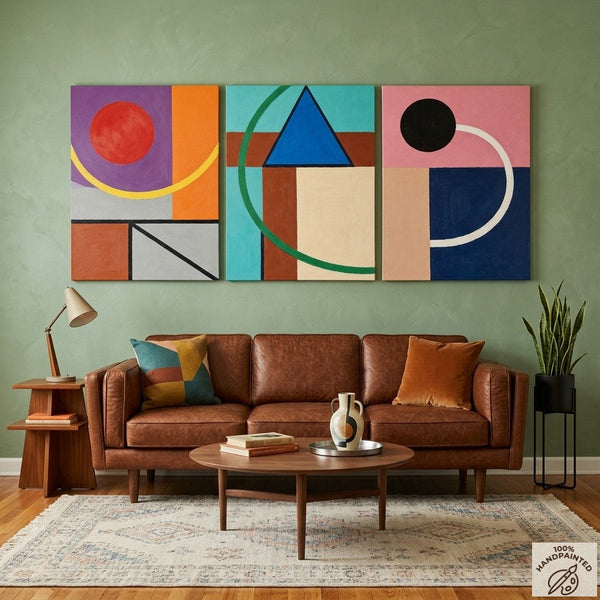Abstract Geometric Contemporary Artwork, Modern Paintings for Mid Century Living Room, Multi Panel Canvas Art-ArtWorkCrafts.com