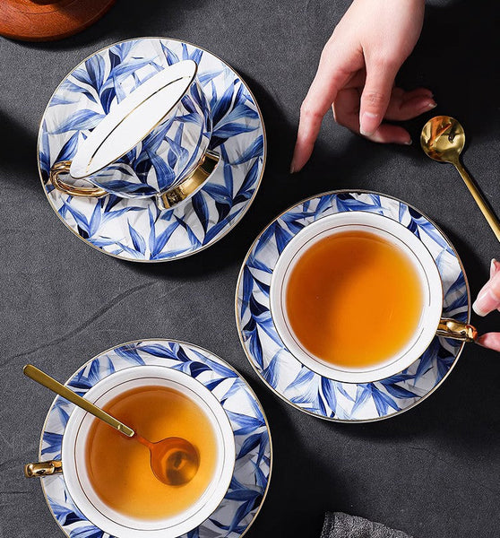 Unique British Tea Cup and Saucer in Gift Box, Blue Porcelain Tea Cup Saucer Set, 7.4 oz British Ceramic Coffee Cups-ArtWorkCrafts.com