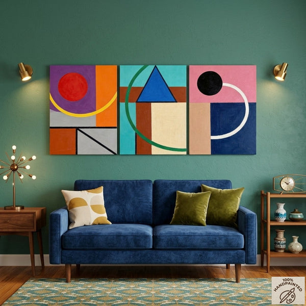 Abstract Geometric Contemporary Artwork, Modern Paintings for Mid Century Living Room, Multi Panel Canvas Art-ArtWorkCrafts.com