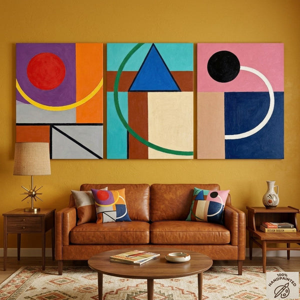 Abstract Geometric Contemporary Artwork, Modern Paintings for Mid Century Living Room, Multi Panel Canvas Art-ArtWorkCrafts.com