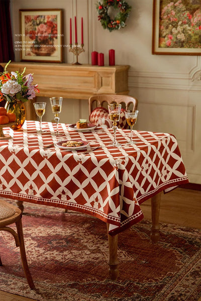 Holiday Red Tablecloth for Dining Table, Rabbit Pattern Table Cover for Dining Room Table, Modern Rectangle Tablecloth for Oval Table-ArtWorkCrafts.com