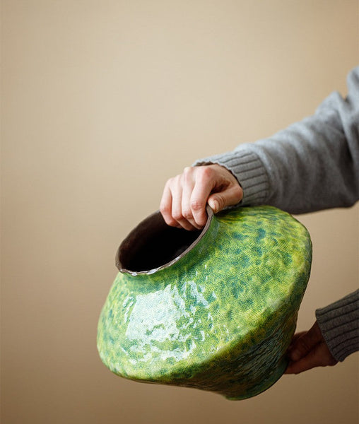 Centerpiece on Dining Table, Modern Pottery Flower Vases, Handmade Water Holding Flower Vases, Pottery Bud Vases, Large Green Flower Vases on Table-ArtWorkCrafts.com