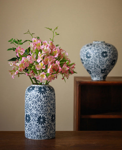 Vintage Bouquet Flower Vases, Centerpiece on Dining Table, Large Blue Flower Vase on Table, Handmade Porcelain Flower Vases Urn, Water Holding Flower Vases-ArtWorkCrafts.com