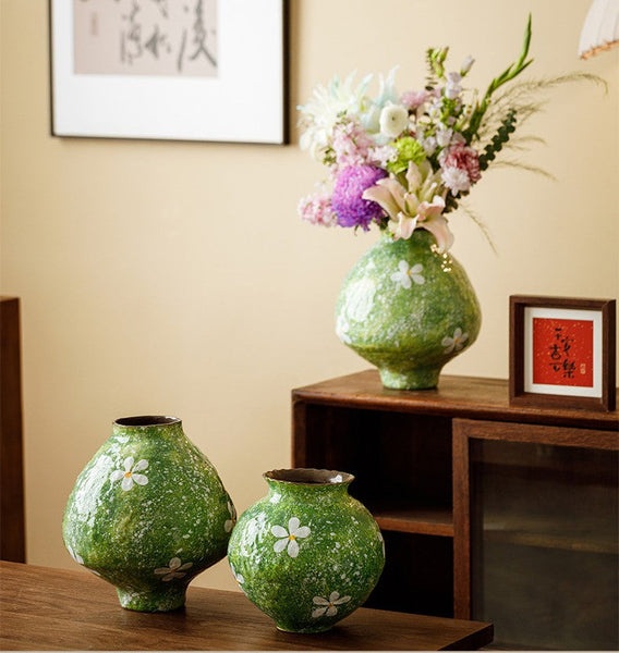 Modern Pottery Flower Vases, Centerpiece on Dining Table, Handmade Water Holding Flower Vases, Pottery Bud Vases, Large Green Flower Vases on Table-ArtWorkCrafts.com