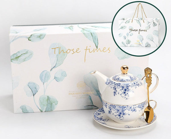 British Style Porcelain Teapot with Matching Cup and Saucer in Gift Box, Ceramic Tea Pot with Integrated Cup, Stackable Teapot and Cup Set, Mother-and-Baby Teapot with Matching Saucer-ArtWorkCrafts.com