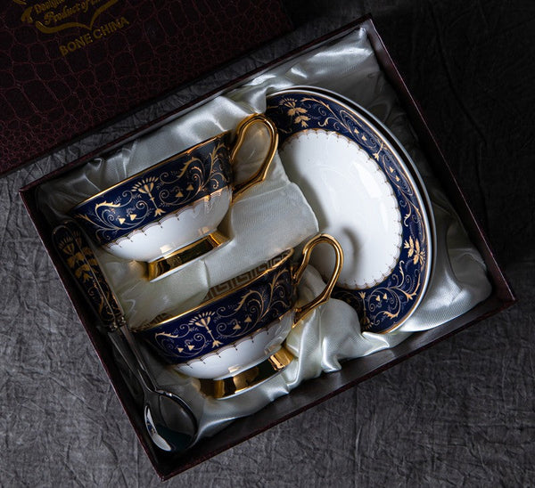 Bone China Porcelain Tea Cup Set, Unique Blue Tea Cup and Saucer in Gift Box, Royal Ceramic Cups, Elegant Ceramic Coffee Cups-ArtWorkCrafts.com