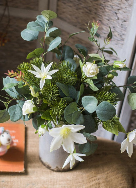 Eucalyptus Globulus, Clematis, White Rose Flowers, Unique Flower Arrangement for Home Decoration, Beautiful Modern Artificial Flowers for Dining Room Table-ArtWorkCrafts.com