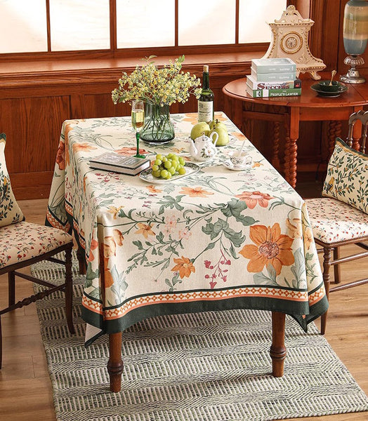 Beautiful Kitchen Table Cover, Spring Flower Tablecloth for Round Table, Linen Table Cover for Dining Room Table, Simple Modern Rectangle Tablecloth Ideas for Oval Table-ArtWorkCrafts.com