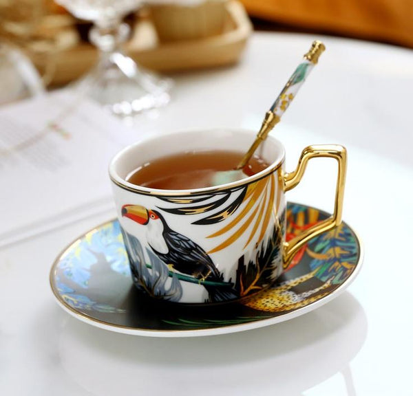 Elegant Tea Cup and Saucer, Jungle Toucan Pattern Porcelain Coffee Cups, 7.4 oz Coffee Cups with Gold Trim and Gift Box-ArtWorkCrafts.com