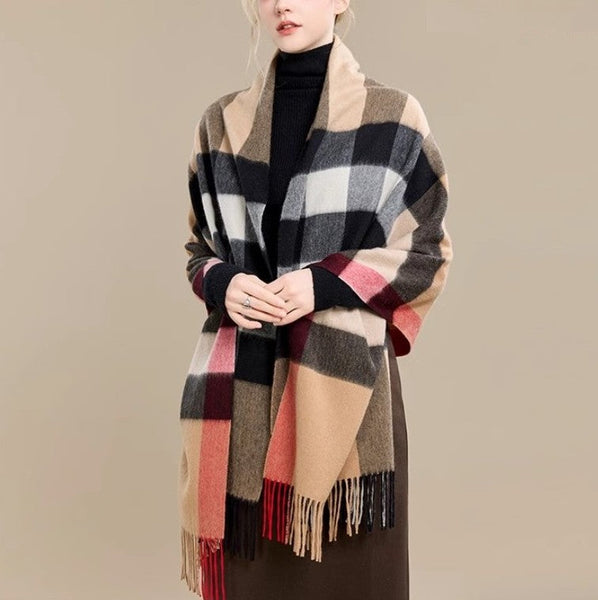Long Wool Scarf, Soft Wool Scarf for Women, Checkered Fashion Scarf, Warm Cape, Gifts for Her, Evening Wrap, Christmas Gift, Winter Shawl, Elegant Shawl-ArtWorkCrafts.com