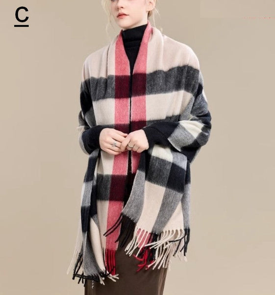 Long Wool Scarf, Soft Wool Scarf for Women, Checkered Fashion Scarf, Warm Cape, Gifts for Her, Evening Wrap, Christmas Gift, Winter Shawl, Elegant Shawl-ArtWorkCrafts.com