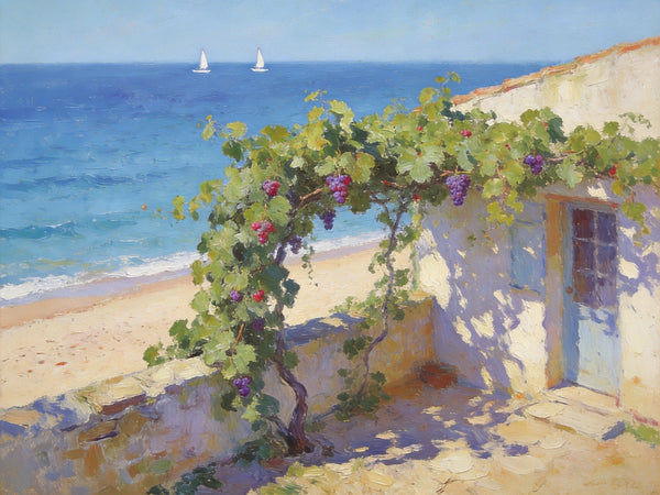 Original Landscape Paintings, Summer Glow on the Vine-Covered Terrace, Hand Painted Canvas Art, Seashore Beach Painting, Small Canvas Wall Art Paintings, Buy Art Online, Original Oil Paintings-ArtWorkCrafts.com