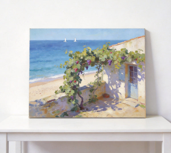 Original Landscape Paintings, Summer Glow on the Vine-Covered Terrace, Hand Painted Canvas Art, Seashore Beach Painting, Small Canvas Wall Art Paintings, Buy Art Online, Original Oil Paintings-ArtWorkCrafts.com