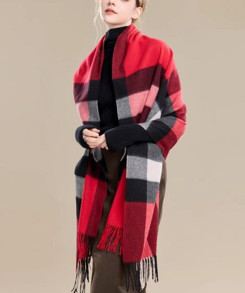 Checkered Fashion Scarf, Warm Cape, Gifts for Her, Long Wool Scarf, Soft Wool Scarf for Women, Evening Wrap, Christmas Gift, Winter Shawl, Elegant Shawl-ArtWorkCrafts.com