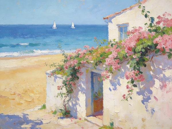 Original Small Paintings, Sunlit Seaside Cottage with Bougainvillea, Seashore Beach Painting, Hand Painted Canvas Art, Small Canvas Wall Art Paintings, Original Oil Paintings-ArtWorkCrafts.com