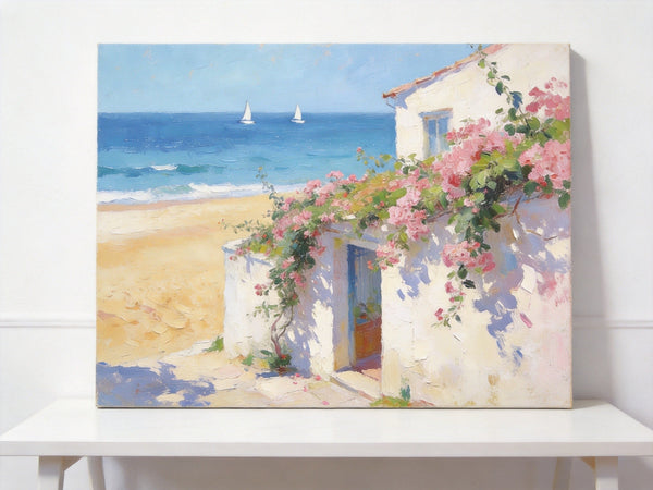 Original Small Paintings, Sunlit Seaside Cottage with Bougainvillea, Seashore Beach Painting, Hand Painted Canvas Art, Small Canvas Wall Art Paintings, Original Oil Paintings-ArtWorkCrafts.com