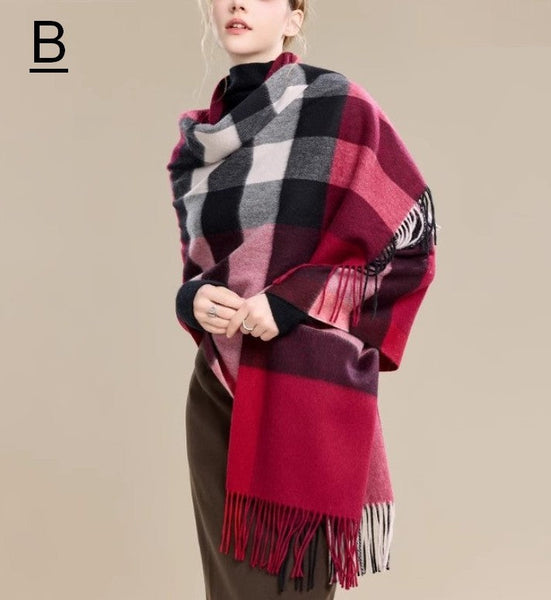 Long Wool Scarf, Soft Wool Scarf for Women, Checkered Fashion Scarf, Warm Cape, Gifts for Her, Evening Wrap, Christmas Gift, Winter Shawl, Elegant Shawl-ArtWorkCrafts.com