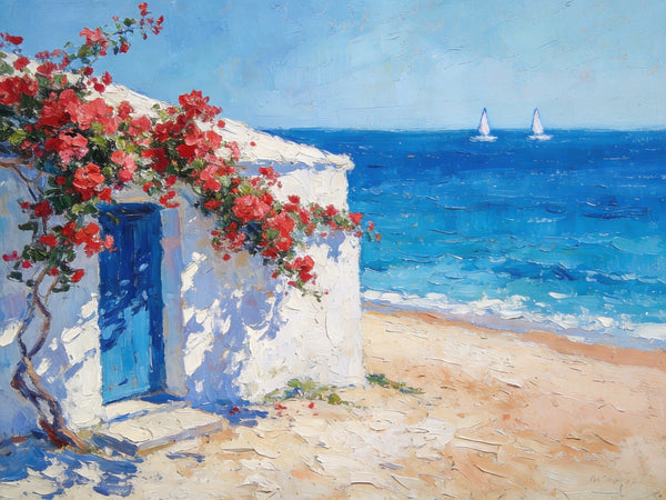 Bougainvillea by the Turquoise Shore, Original Small Paintings, Seashore Beach Painting, Hand Painted Canvas Art, Small Canvas Wall Art Paintings, Original Oil Paintings-ArtWorkCrafts.com