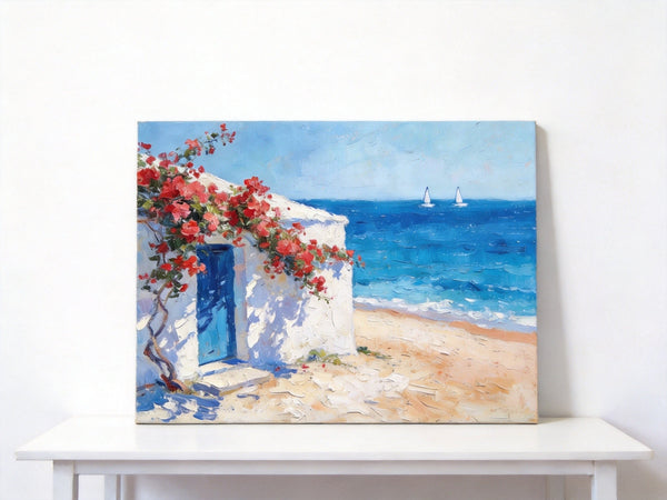 Bougainvillea by the Turquoise Shore, Original Small Paintings, Seashore Beach Painting, Hand Painted Canvas Art, Small Canvas Wall Art Paintings, Original Oil Paintings-ArtWorkCrafts.com